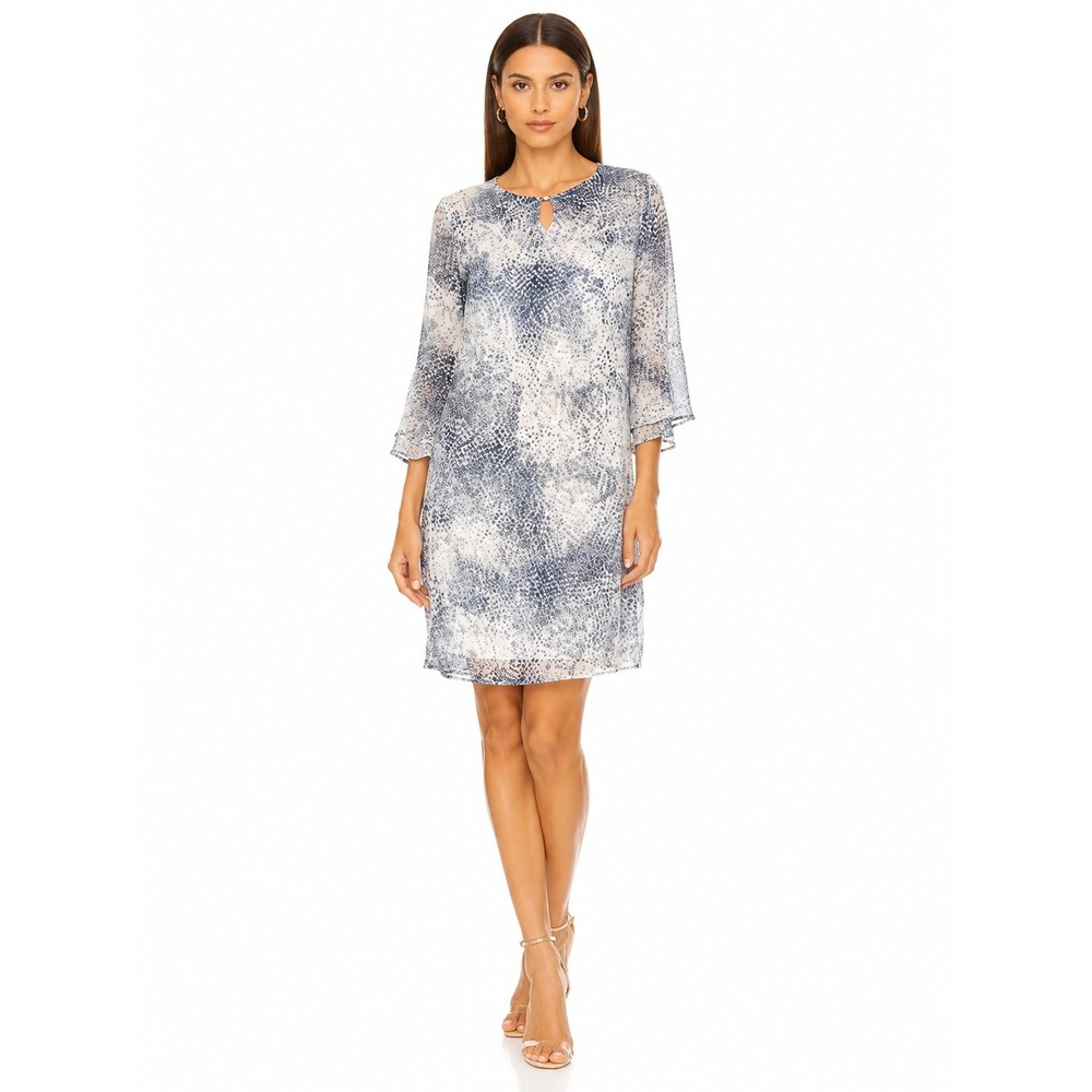Tyler Boe Womens Blue White Snakeskin Print Bell Sleeve Shift Dress Size S